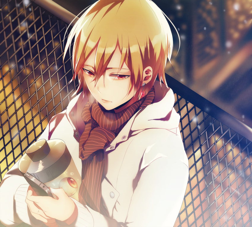 1boy, air_bubble, alternate_costume, bangs, blonde_hair, blurry, chain-link_fence, closed_mouth