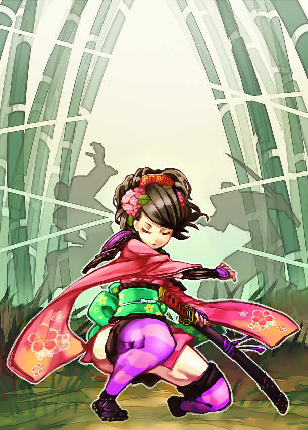 1girl, bamboo, bangs, black_hair, closed_eyes, commentary_request, flower, hair_flower