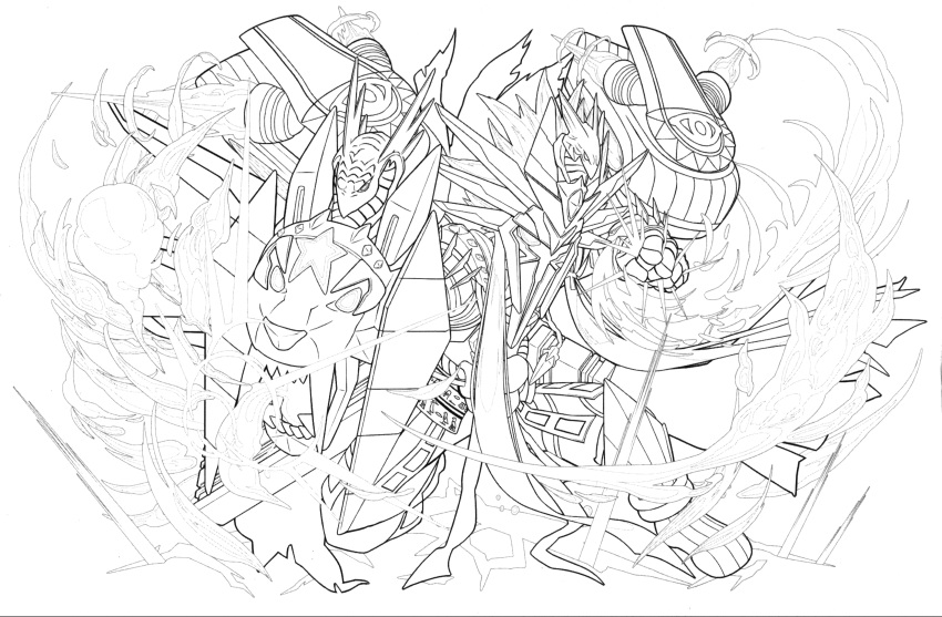 absurdres, highres, lineart, monochrome, official_art, puzzle_&amp;_dragons, ra_(p&amp;d), solo
