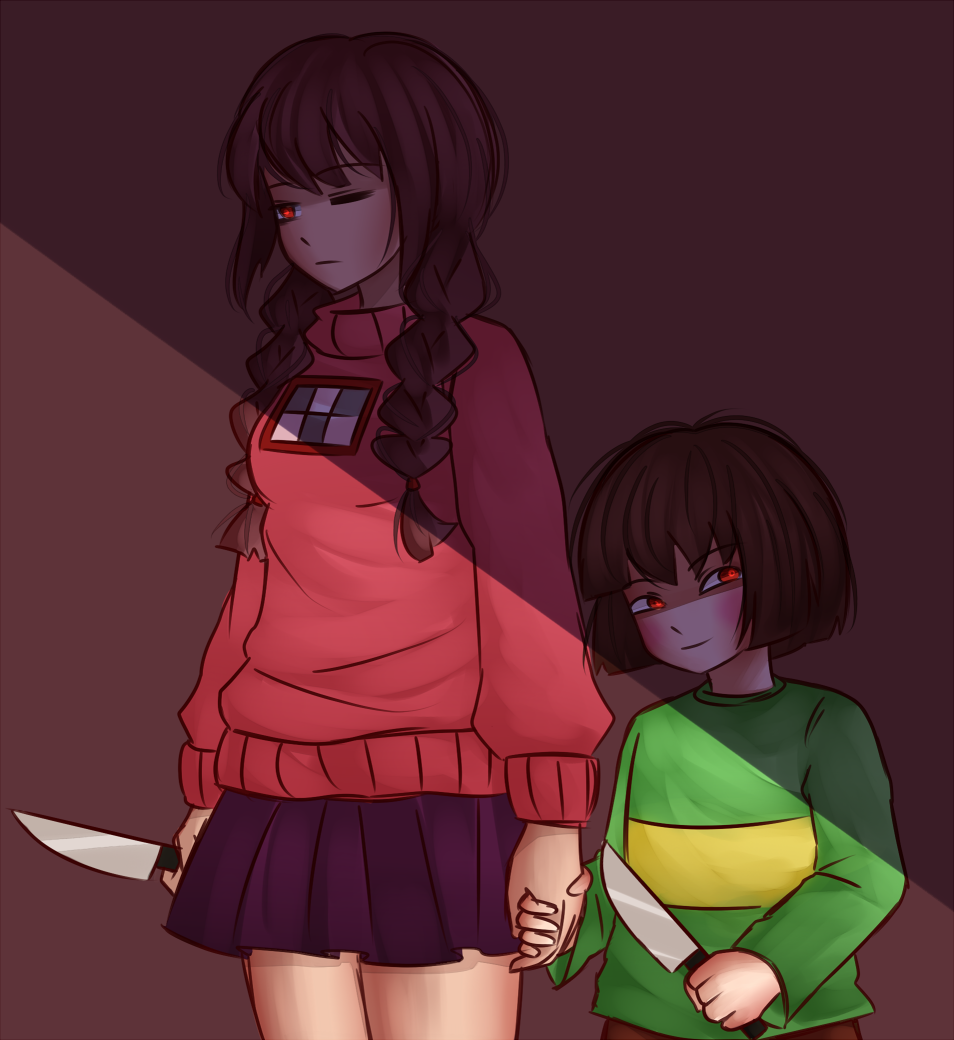 1girl, androgynous, bangs, black_hair, blush, braid, brown_hair, chara_(undertale)
