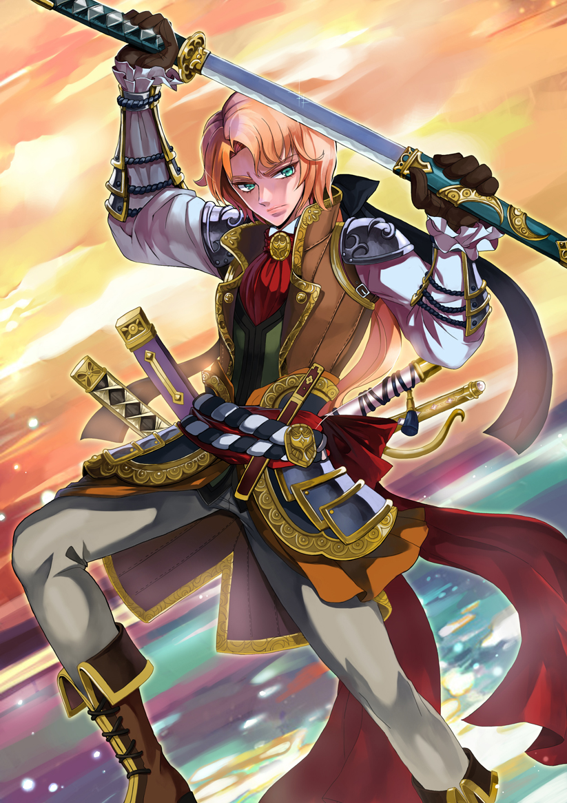 1boy, boots, gloves, green_eyes, katana, orange_hair, original, sengoku_taisen