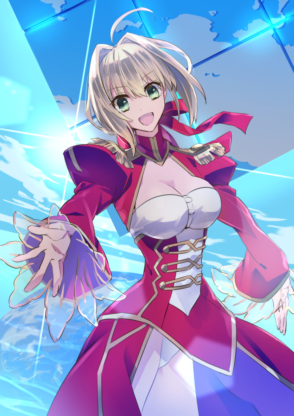 1girl, ahoge, breasts, cleavage, cleavage_cutout, fate/extra, fate_(series), highres