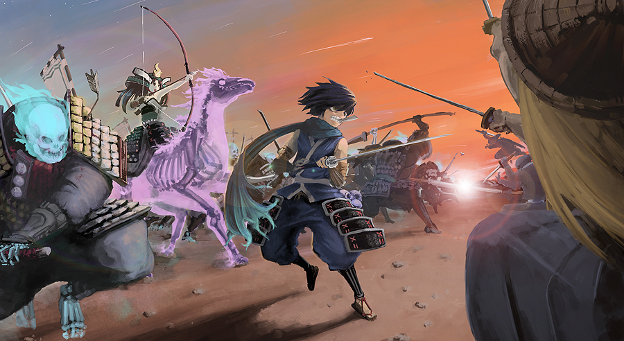 1boy, 1girl, armor, arrow, bangs, biting, black_eyes, black_hair
