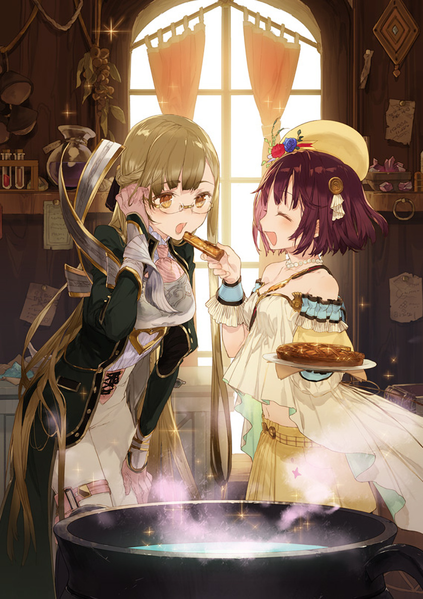 2girls, ^_^, atelier_(series), atelier_sophie, beret, brown_eyes, brown_hair, cauldron