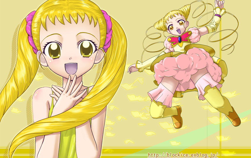 1girl, :d, blockice, blonde_hair, cure_lemonade, dual_persona, highres, kasugano_urara