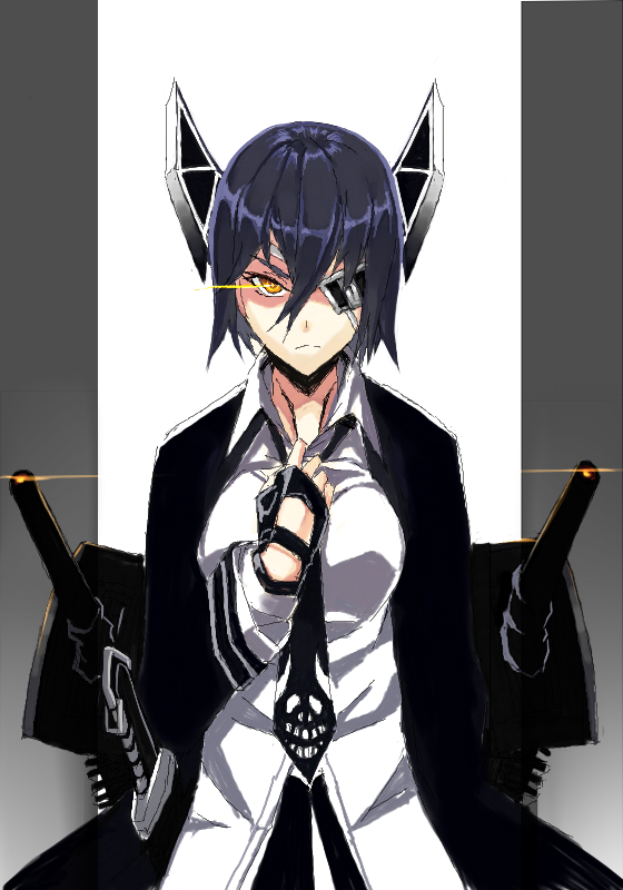 adjusting_necktie, cannon, eyepatch, fingerless_gloves, gloves, jacket, kantai_collection, looking_at_viewer