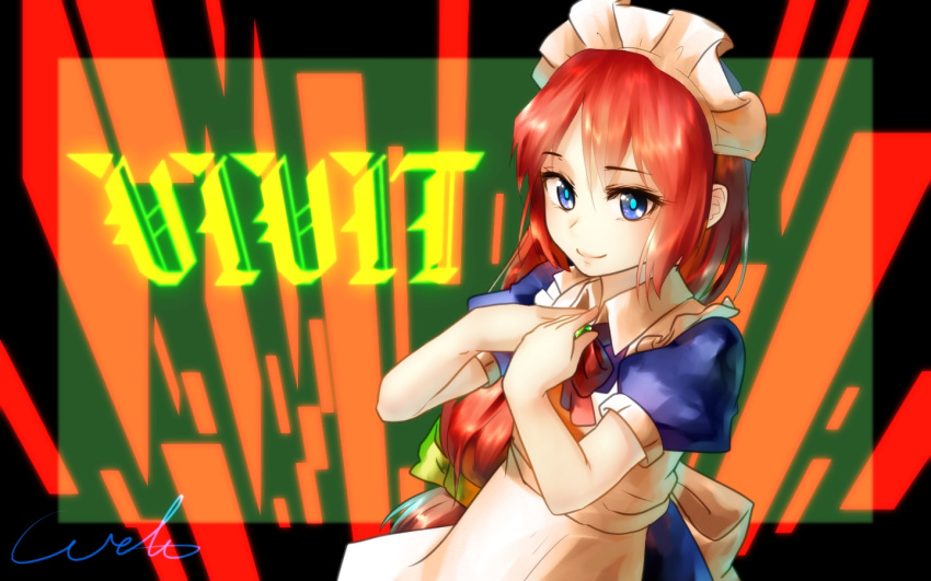 1girl, artist_name, blue_eyes, character_name, hair_ribbon, long_hair, maid, maid_headdress, redhead, ribbon, seihou, u-eruto, very_long_hair, vivit