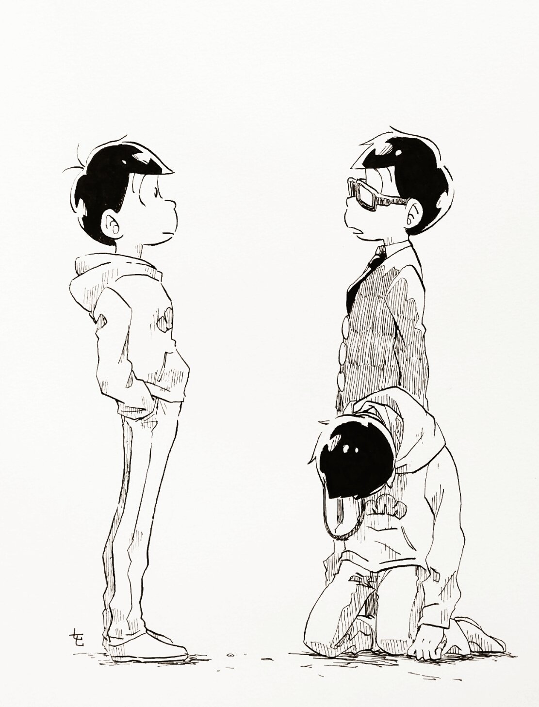 3boys, 77_(3nan77), brothers, crying, dual_persona, formal, glasses, hands_in_pockets, highres, hood, hoodie, kneeling, looking_at_another, male_focus, matsuno_choromatsu, matsuno_osomatsu, messy_hair, multiple_boys, osomatsu-kun, osomatsu-san, siblings, sketch, suit
