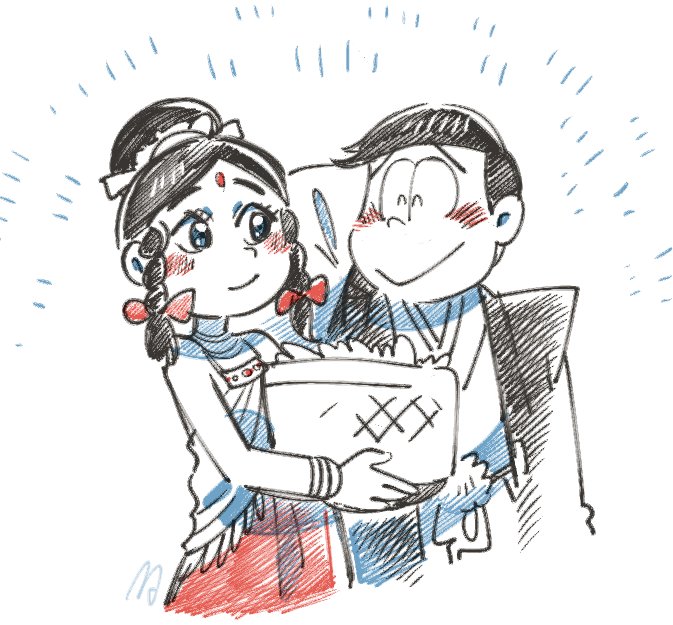 1boy, 1girl, :>, arm_behind_head, basket, black_hair, blush, braid, dayoon_girl, forehead_jewel, japanese_clothes, m0da, matsuno_choromatsu, osomatsu-kun, osomatsu-san, sketch, smile, twin_braids, wedding