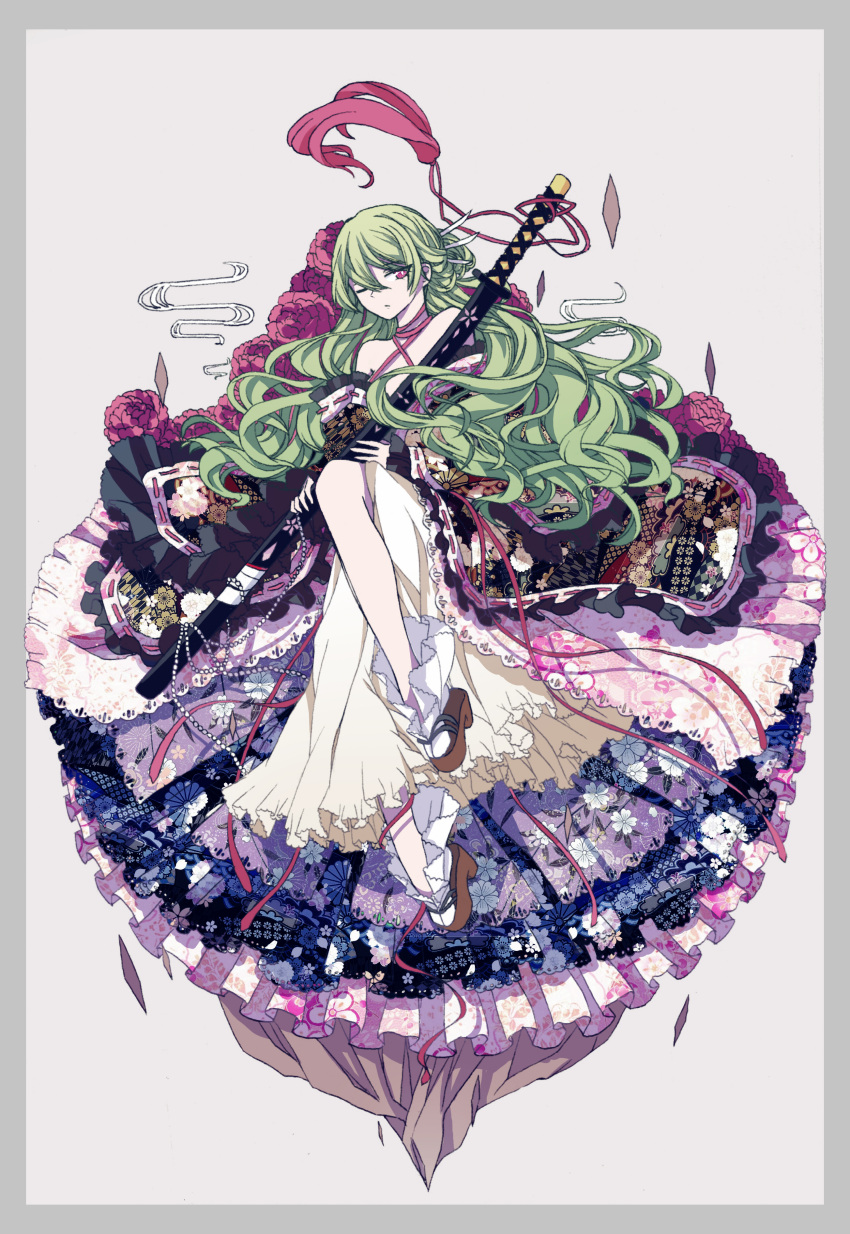 1girl, absurdres, alternate_costume, beads, flower, frills, geta, green_hair