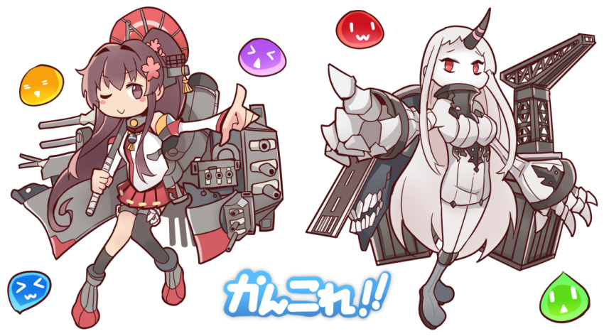 >;), 2girls, ;), brown_eyes, brown_hair, claws, commentary_request, crossover