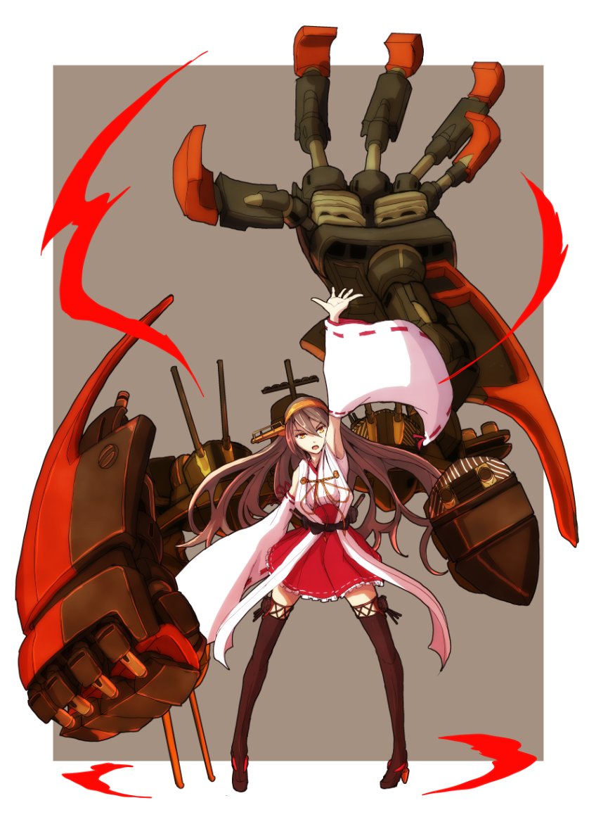 1girl, armor_girls_project, aura, black_hair, boots, camouflage, dazzle_paint, detached_sleeves, hair_ornament, hairband, hairclip, haruna_(kantai_collection), headgear, kantai_collection, long_hair, machinery, mechanical_arm, nontraditional_miko, raised_hand, remodel_(kantai_collection), ribbon_trim, skirt, solo, thigh-highs, thigh_boots, turret