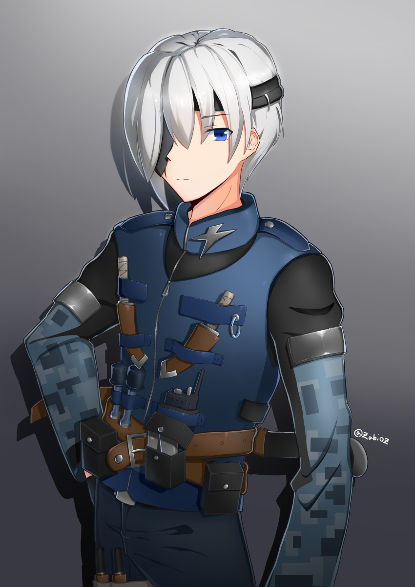 1girl, absurdres, bandages, blue_eyes, camouflage, eyepatch, highres, military, original, short_sword, silver_hair, sword, weapon, zabioz