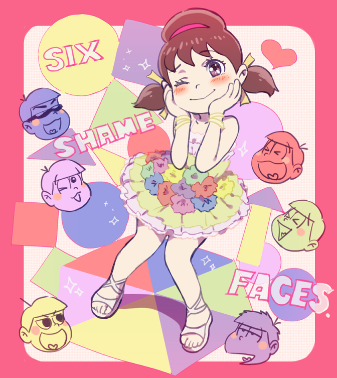 1girl, ;), bracelet, brown_hair, dress, hair_ribbon, hairband, hands_on_own_face