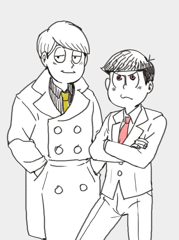 021, 2boys, atsushi_(osomatsu-san), bangs, cowlick, crossed_arms, formal, half-closed_eyes