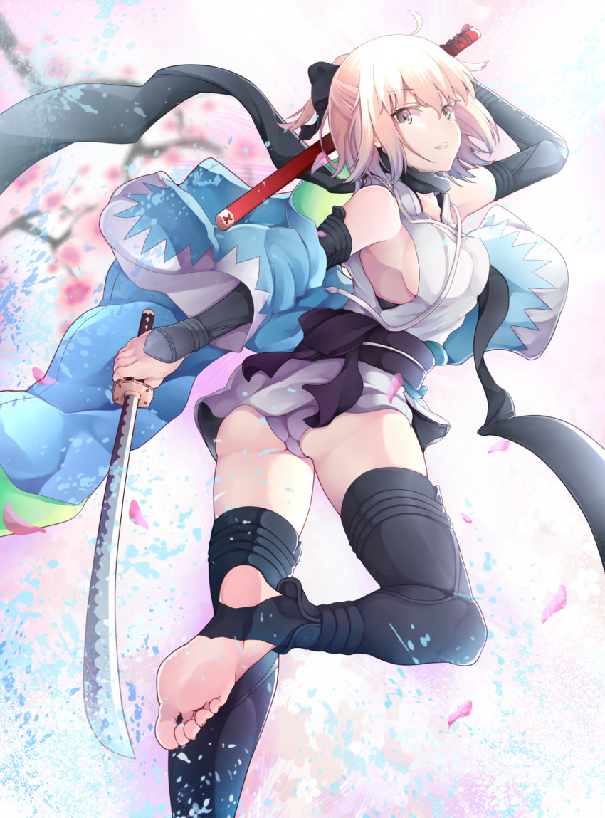1girl, ahoge, ass, bare_shoulders, barefoot, batatata77, black_gloves, black_legwear, breasts, cherry_blossoms, elbow_gloves, fate/grand_order, fate_(series), feet, gloves, grey_eyes, haori, highres, japanese_clothes, katana, kimono, leg_up, panties, petals, pink_hair, sakura_saber, scarf, short_hair, short_kimono, sideboob, sleeveless_kimono, smile, solo, sword, thigh-highs, toeless_socks, underwear, unsheathed, weapon