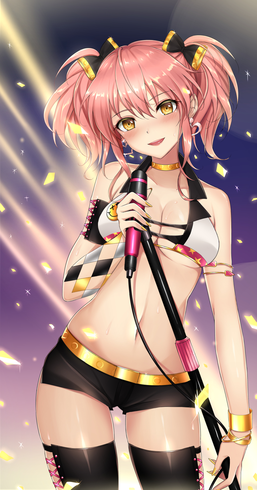 1girl, :d, anklet, argyle, arm_at_side, backlighting, bangs, belt, black_bow, black_legwear, black_shorts, blush, bow, bracelet, breasts, cable, choker, cleavage, confetti, cowboy_shot, crop_top, cross-laced_legwear, earrings, eyebrows, eyebrows_visible_through_hair, fingernails, gradient, gradient_background, hair_between_eyes, hair_bow, head_tilt, heart, heart_earrings, highres, holding_microphone, idolmaster, idolmaster_cinderella_girls, jewelry, jougasaki_mika, kagami_com, legs_apart, light_beam, long_fingernails, microphone_stand, midriff, nail_polish, navel, open_mouth, pink_hair, short_shorts, shorts, smile, solo, stomach, sweat, thigh-highs, twintails, under_boob, yellow_eyes, yellow_nails