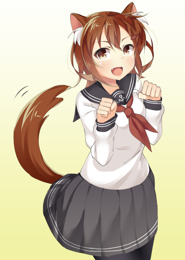 1girl, animal_ears, brown_eyes, brown_hair, dog_ears, fang, ikazuchi_(kantai_collection), kankitsunabe_(citrus)