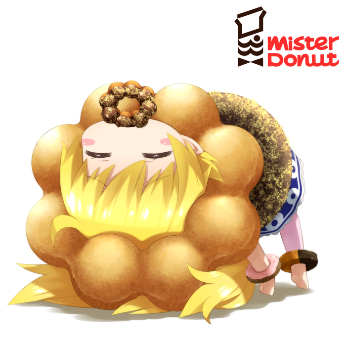 1girl, =_=, bakemonogatari, blonde_hair, blush, chibi, cosplay, doughnut