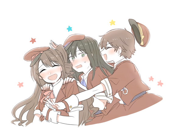 3girls, bangs, blush, bow, bowwow_(hamju94), brown_hair, closed_eyes, dekitate_evo!_revo!_generation!, friends, green_eyes, hat, honda_mio, idolmaster, idolmaster_cinderella_girls, long_hair, looking_at_another, multiple_girls, new_generations, open_mouth, shibuya_rin, shimamura_uzuki, short_hair, simple_background, smile, star, sweatdrop, wrist_cuffs