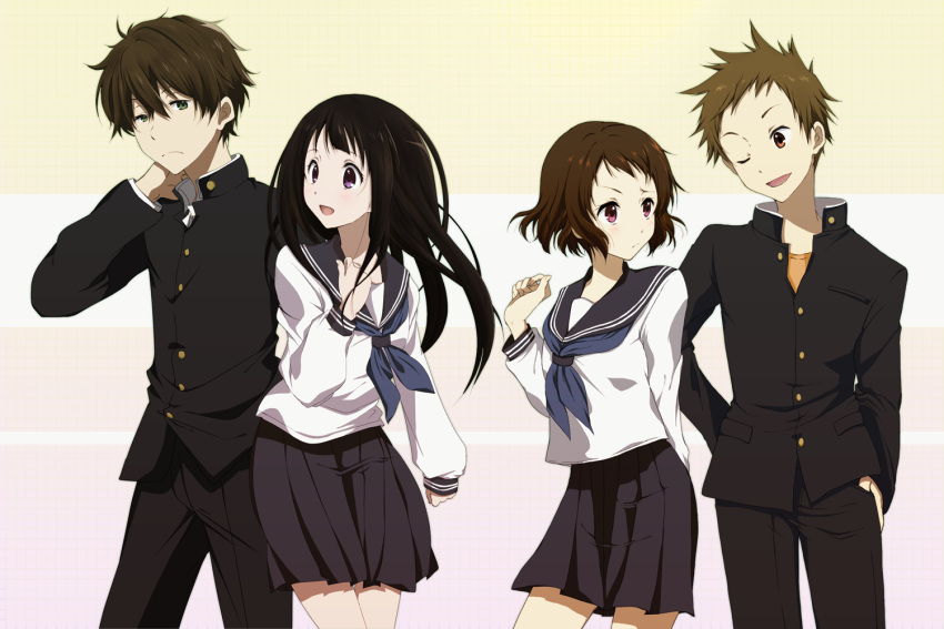 2boys, 2girls, black_hair, brown_eyes, brown_hair, chitanda_eru, fukube_satoshi, gakuran
