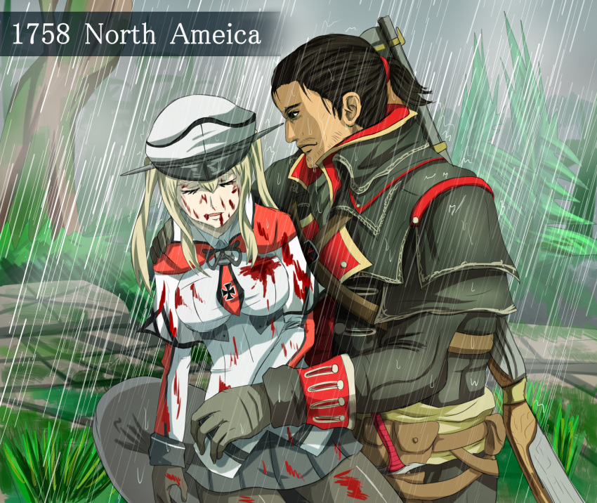 1boy, 1girl, assassin's_creed_(series), black_eyes, black_hair, black_legwear, blood, capelet