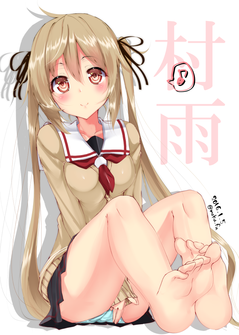 1girl, barefoot, black_ribbon, blonde_hair, blue_panties, breasts, brown_eyes, character_name, dated, hair_ribbon, kantai_collection, long_hair, looking_at_viewer, mokufuu, murasame_(kantai_collection), necktie, panties, pantyshot, pantyshot_(sitting), red_necktie, ribbon, school_uniform, serafuku, sitting, skirt, smile, solo, twintails, twitter_username, underwear