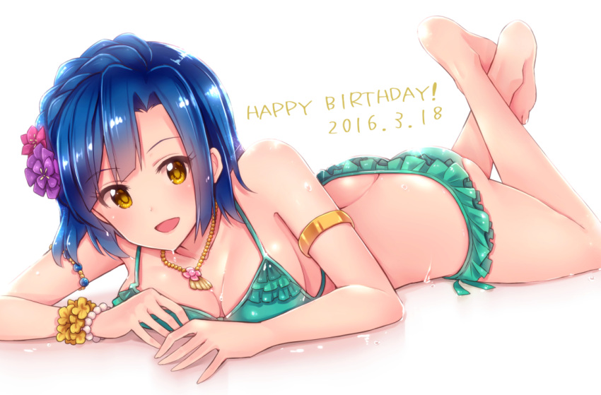 1girl, bikini, blue_hair, blush, breasts, cleavage, commentary_request, dated