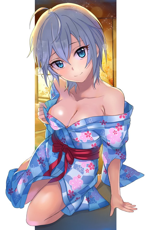 1girl, anastasia_(idolmaster), ashita_(2010), bare_shoulders, blue_eyes, breasts, cleavage, idolmaster