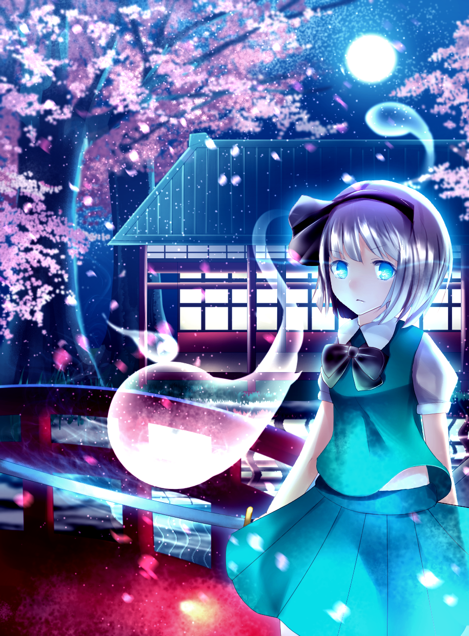 1girl, architecture, arm_behind_back, blue_eyes, bob_cut, bow, bridge, building