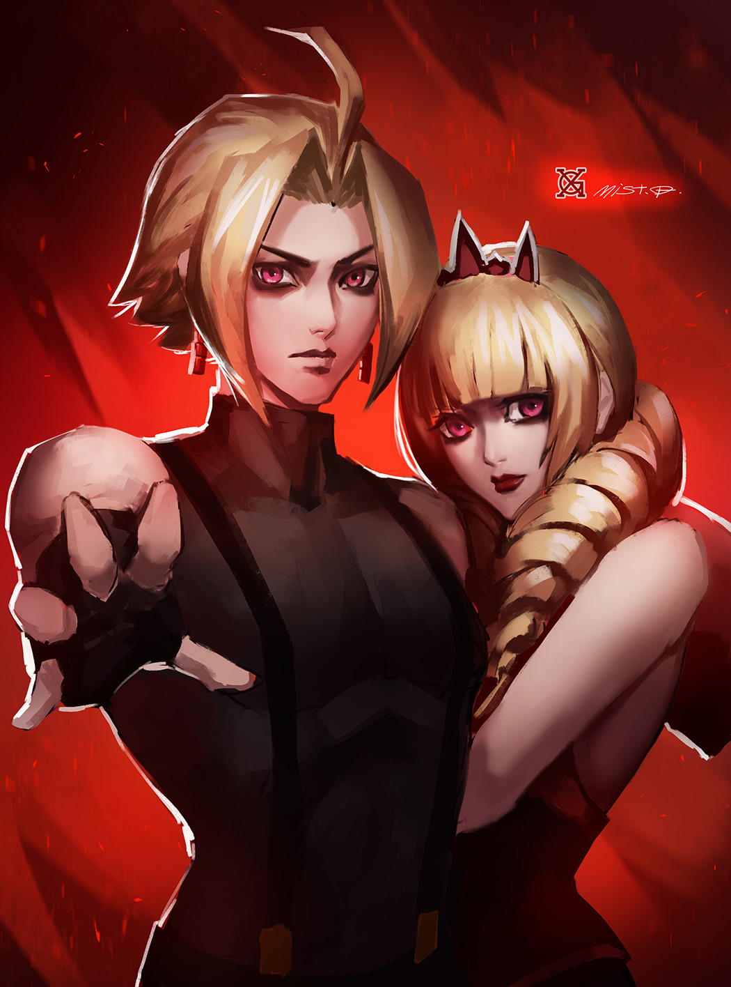 1boy, 1girl, adelheid_bernstein, black_gloves, blonde_hair, brother_and_sister, corset, crown, dress, drill_hair, earrings, fingerless_gloves, gloves, highres, jewelry, long_hair, mini_crown, red_eyes, ribbon, rose_bernstein, siblings, snk, the_king_of_fighters, twin_drills, twintails, xiaoguimist