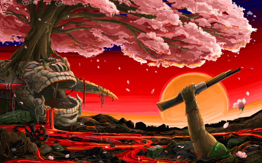 blood, cherry_blossoms, doom_(game), doomguy, gun, icon_of_sin, kurashiki_nanka, revenant_(doom)