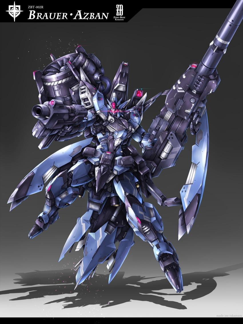 cannon, cartridge, dual_wielding, exhaust, fighting_stance, flying, glowing, glowing_eyes