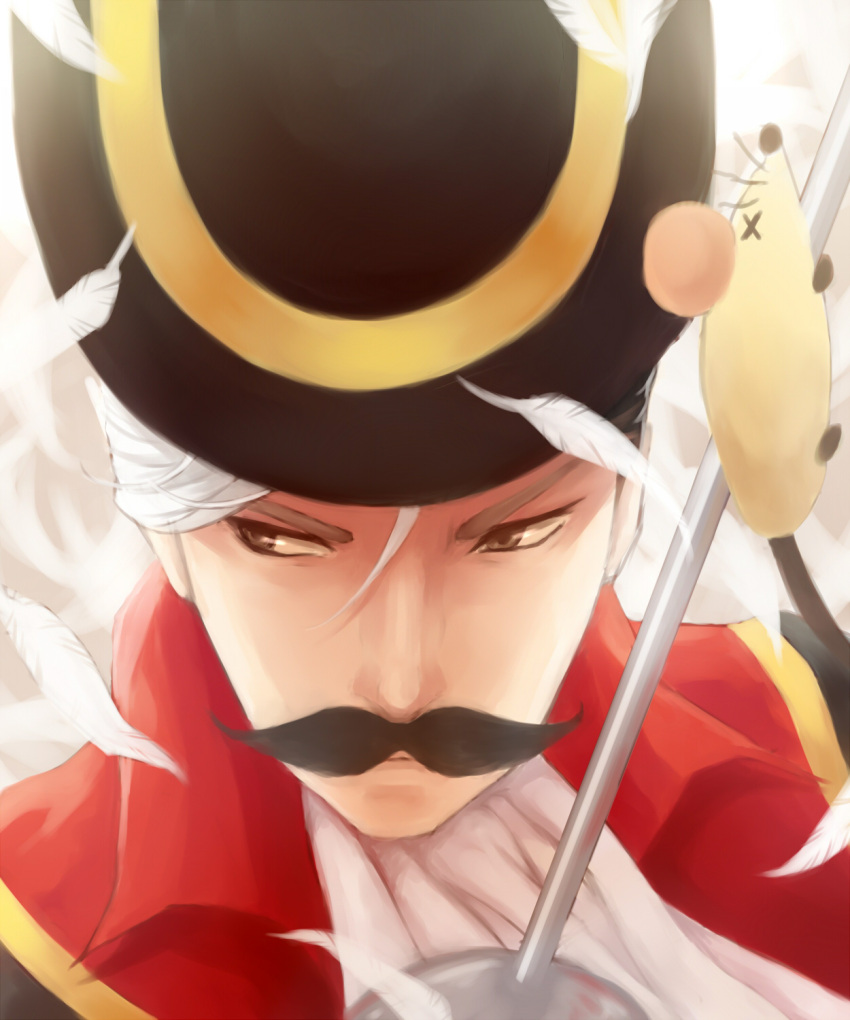 1boy, cat, facial_hair, hanarosa, hat, highres, mouse, mustache, nagagutsu-san, neko_atsume, personification, rapier, solo, sword, weapon, white_feather