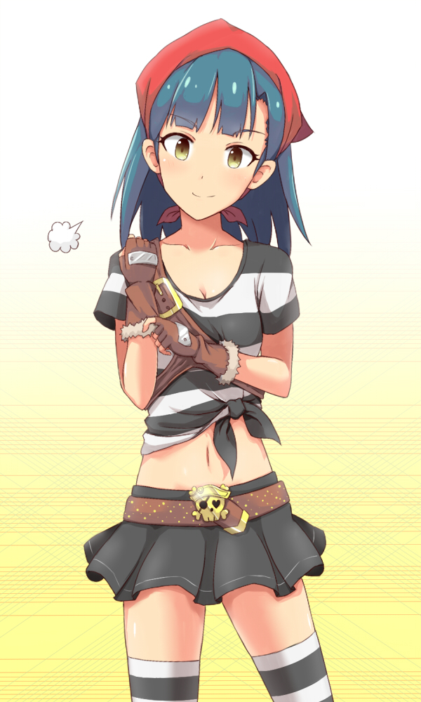 1girl, belt, blue_hair, blush, fingerless_gloves, gloves, head_scarf, idolmaster