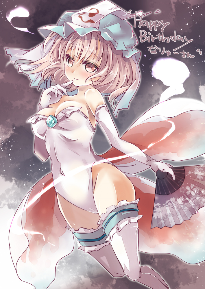 1girl, alternate_costume, cosplay, elbow_gloves, fan, gloves, goldeen, goldeen_(cosplay)