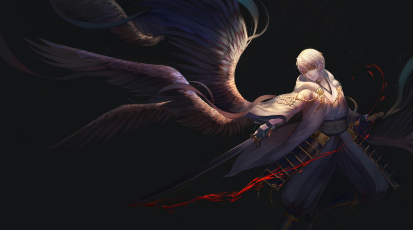 1boy, ;), armor, bangs, black_background, black_gloves, blood, boots