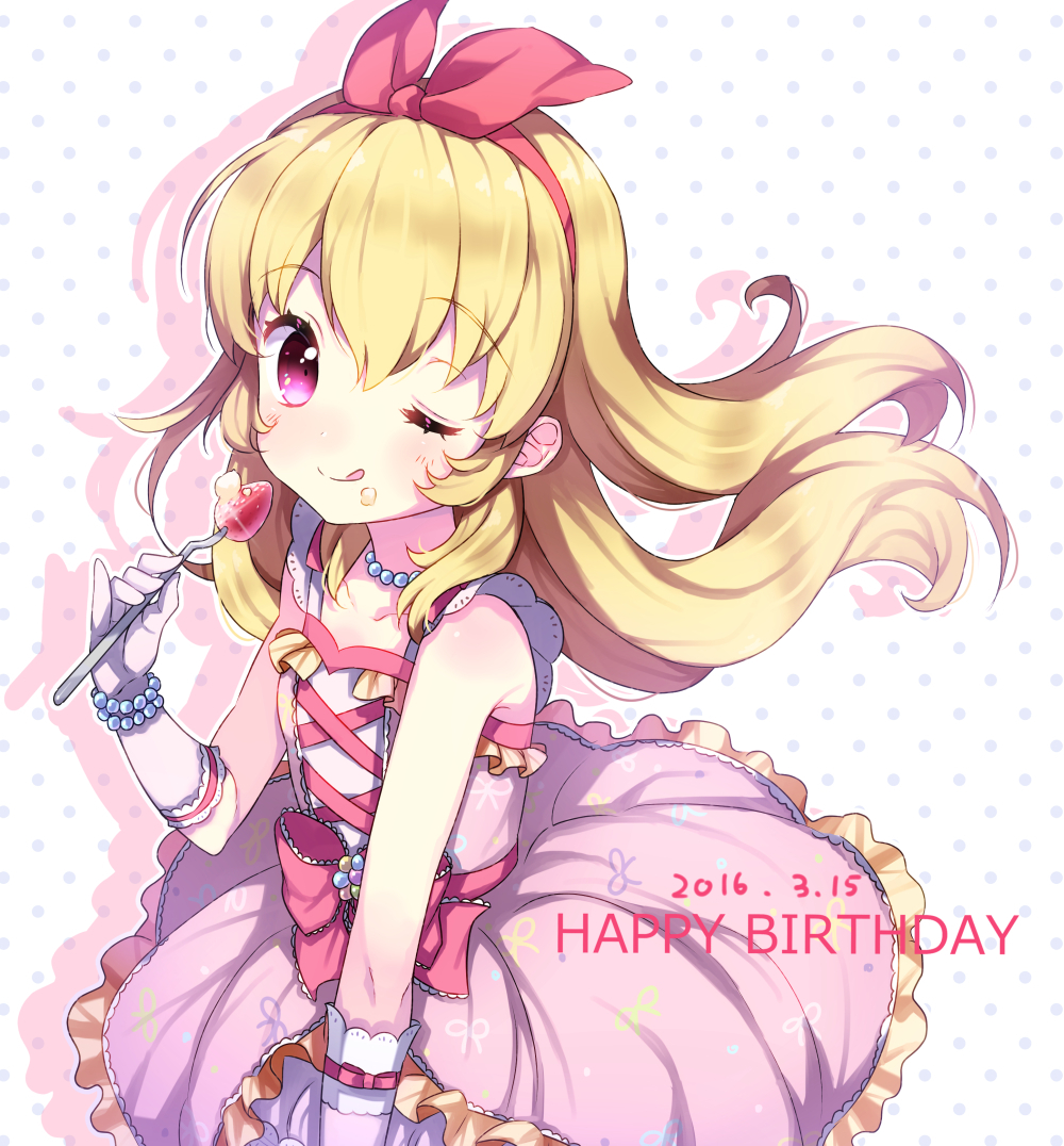 1girl, aikatsu!, blonde_hair, blush, bow, collarbone, dated, dress