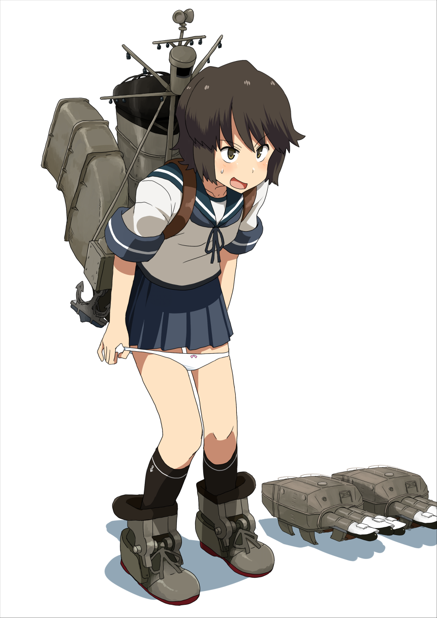 1girl, anchor, backpack, bag, black_legwear, blush, boots, bow