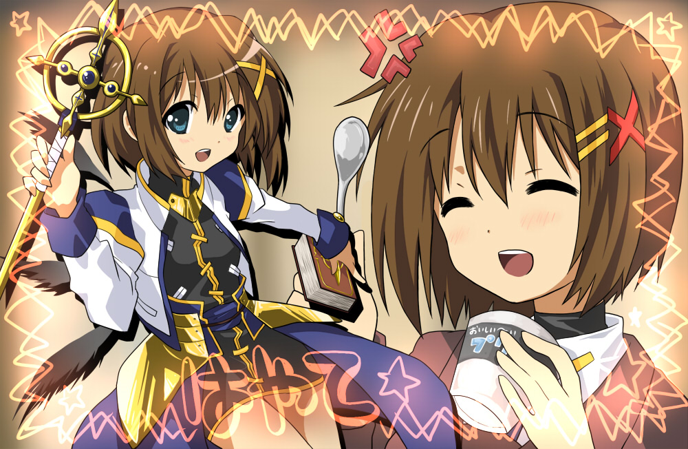 467_(artist), bad_id, blue_eyes, brown_hair, k-on!, mahou_shoujo_lyrical_nanoha, mahou_shoujo_lyrical_nanoha_strikers, parody
