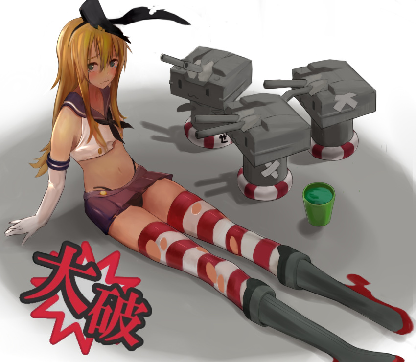 1girl, absurdres, bandages, black_panties, blonde_hair, blue_eyes, damaged, elbow_gloves, gloves, hairband, highleg, highleg_panties, highres, kantai_collection, kineshin, looking_at_viewer, microskirt, panties, rensouhou-chan, sailor_collar, shimakaze_(kantai_collection), skirt, striped, striped_legwear, tears, thigh-highs, thong, torn_clothes, underwear