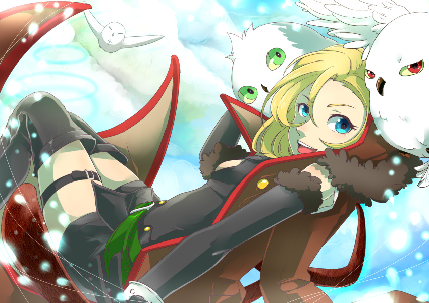 1girl, artemis_(junketsu_no_maria), artemis_(junketsu_no_maria)_(bird), belt, bird, black_boots, blonde_hair, blue_eyes
