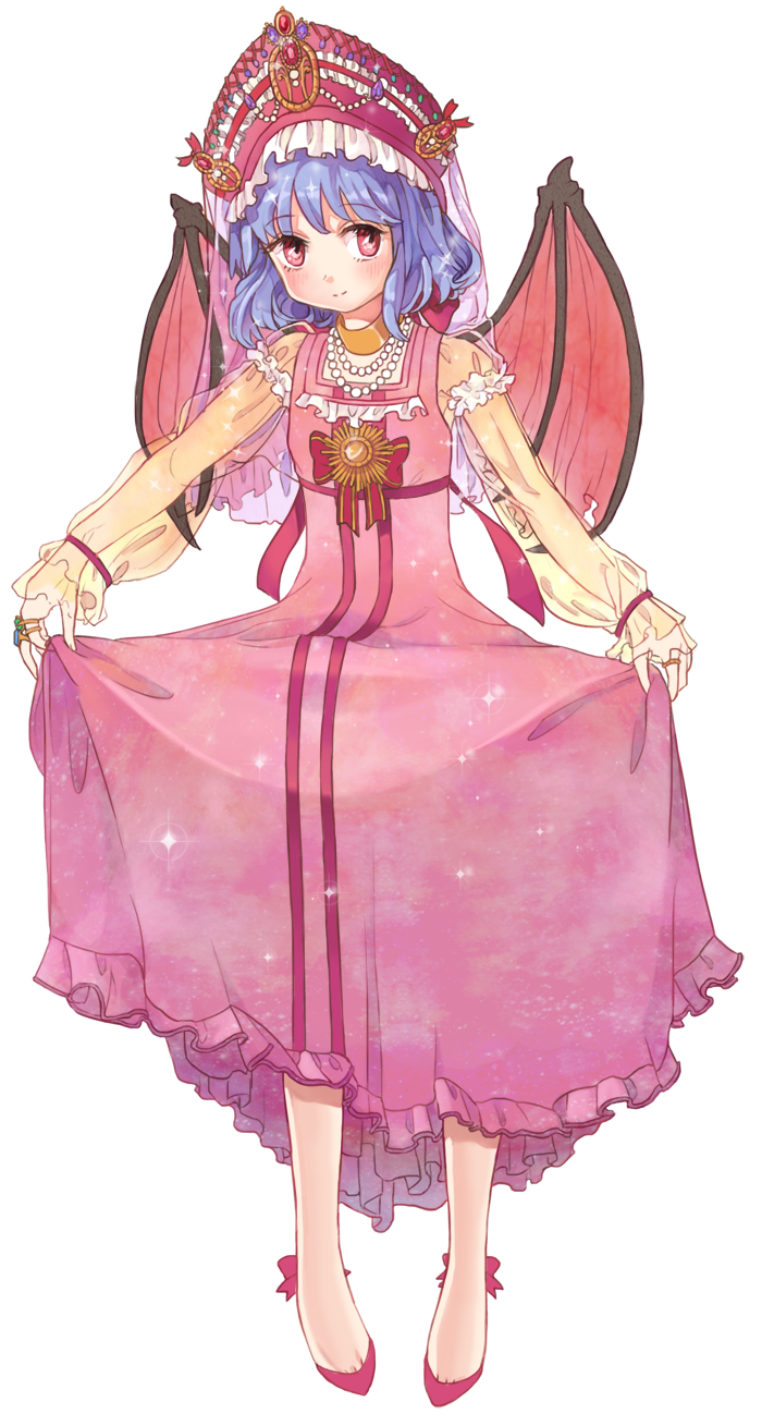 1girl, alternate_costume, bat_wings, blush, brooch, crown, curtsey, dress