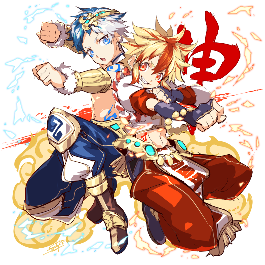 blonde_hair, blue_eyes, grin, looking_at_viewer, open_mouth, original, senobi_(senoby), short_hair, smile