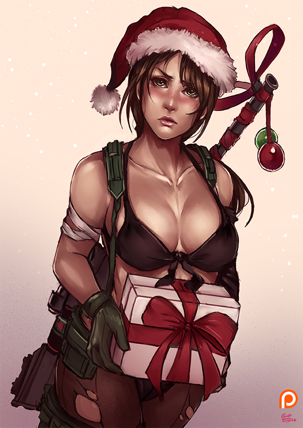 1girl, box, breasts, brown_hair, christmas, cleavage, collarbone, front-tie_top
