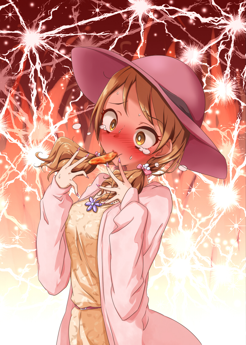 1girl, blush, brown_eyes, brown_hair, chigusa, commentary_request, fingernails, food