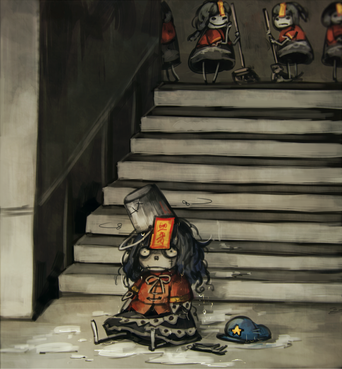blue_hair, bucket, bucket_on_head, bucket_spill, fly, hat, jiangshi, koto_inari, miyako_yoshika, multiple_girls, object_on_head, ofuda, outstretched_arms, pale_skin, sad, spill, stairs, star, touhou, zombie_pose