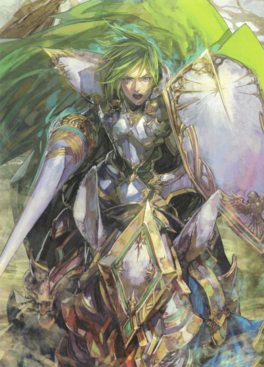 1boy, abel_(fire_emblem), armor, cape, fire_emblem, fire_emblem:_mystery_of_the_emblem, fire_emblem_cipher, green_eyes, green_hair, highres, horse, kazama_raita, lance, official_art, open_mouth, polearm, shield, solo, weapon