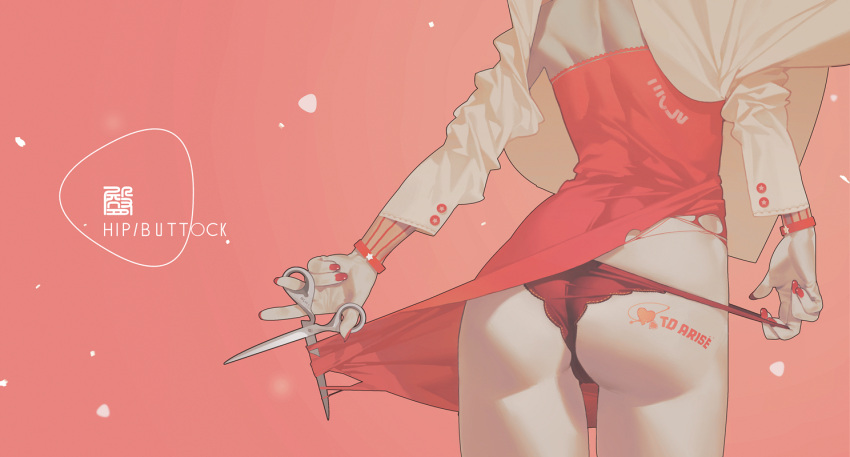 1girl, ass, back, blurry, body_writing, buttons, from_behind, head_out_of_frame