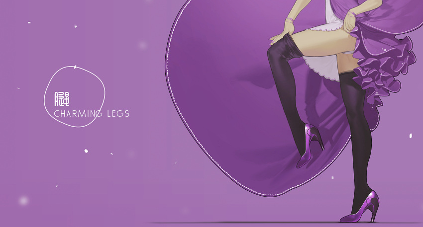 1girl, black_legwear, blurry, bodypaint, bracelet, dress, fingernails, frilled_dress